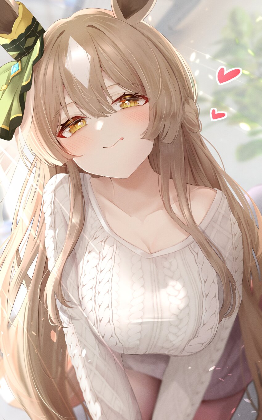 1girl :p absurdres animal_ears bent_over blurry blurry_background braid breasts brown_eyes brown_hair casual cleavage closed_mouth collarbone commentary_request hair_ornament half_up_braid highres horse_ears horse_girl large_breasts looking_at_viewer satono_diamond_(umamusume) sky_cappuccino smile solo tongue tongue_out umamusume