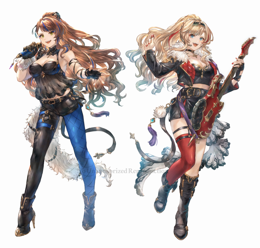 2girls asymmetrical_clothes asymmetrical_footwear asymmetrical_legwear bare_shoulders beatrix_(granblue_fantasy) blonde_hair blue_eyes blue_hair brown_hair bustier choker fingerless_gloves gloves granblue_fantasy green_eyes guitar hairband hibana_(hibana_ztlv) highres holding holding_guitar holding_instrument holding_microphone holding_plectrum instrument jacket microphone midriff mismatched_footwear multicolored_hair multiple_girls open_clothes open_jacket plectrum ponytail ponytail_with_braided_base red_hair red_nails red_thighhighs single_fingerless_glove single_pantsleg single_thighhigh streaked_hair thigh_strap thighhighs uneven_legwear zeta_(granblue_fantasy)
