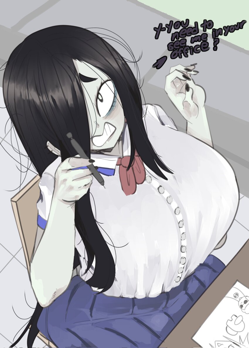 1girl absurdres among_us bags_under_eyes black_eyes black_hair black_nails blue_skirt breasts collared_shirt colored_skin commentary cowboy_shot crewmate_(among_us) dave_strider english_commentary english_text fingernails grey_skin hair_between_eyes high-waist_skirt highres holding holding_pen homestuck huge_breasts indoors long_bangs long_hair looking_at_viewer messy_hair original pen pleated_skirt shirt sidelocks sitting skirt solo weeze white_shirt