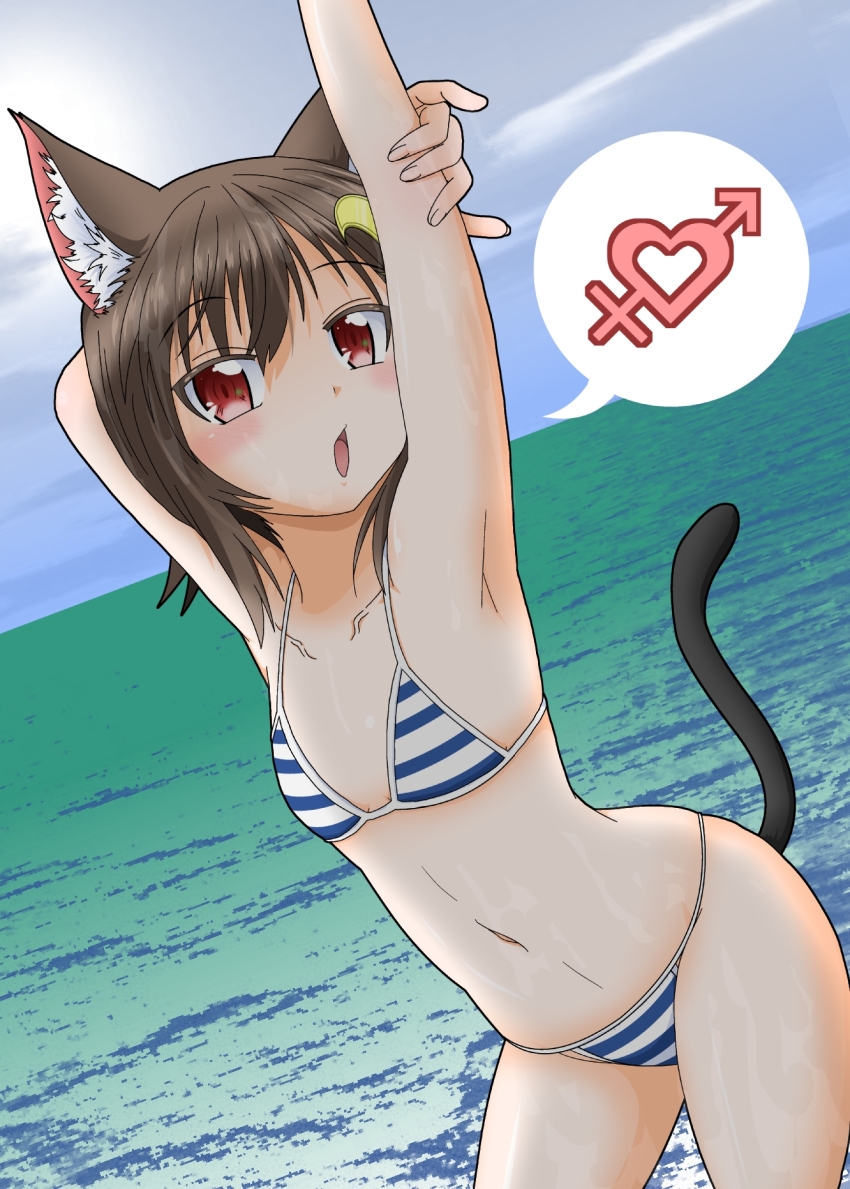 1girl animal_ears arm_behind_head armpits arms_up bikini blue_sky brown_hair cat_ears cat_girl cat_tail commentary_request cowboy_shot crescent crescent_hair_ornament flat_chest hair_ornament heart highres male-female_symbol mikazuki_neko mikazuki_neko_(character) ocean open_mouth original red_eyes sky solo spoken_symbol striped_bikini striped_clothes swimsuit tail