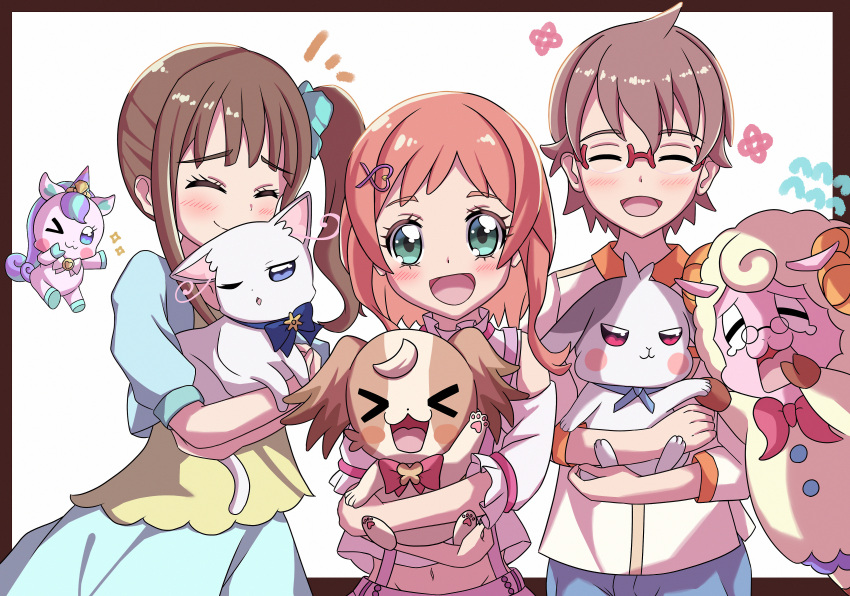 &gt;_&lt; 3boys 5girls absurdres aqua_jacket aqua_scrunchie aqua_skirt blue_bow blue_bowtie blue_eyes blue_pants blush_stickers bow bowtie brown_hair cat closed_eyes closed_mouth clothing_cutout collared_shirt commentary_request daifuku_(precure) dog fairy glasses green_eyes hair_ornament hairclip highres inukai_iroha inukai_komugi inukai_komugi_(dog) jacket medium_hair mehmeh_(wonderful_precure!) midriff mitsuzuki_(ksvy3542) multiple_boys multiple_girls navel nekoyashiki_mayu nekoyashiki_yuki nekoyashiki_yuki_(cat) nico-sama one_eye_closed open_mouth pants partial_commentary pink_bow pink_bowtie pink_hair precure purple_shorts rabbit red-framed_eyewear red_eyes scrunchie semi-rimless_eyewear sheep_boy shirt short_hair shorts shoulder_cutout side_ponytail skirt smile suspender_shorts suspenders toyama_satoru unicorn white_shirt wonderful_precure! yellow_shirt