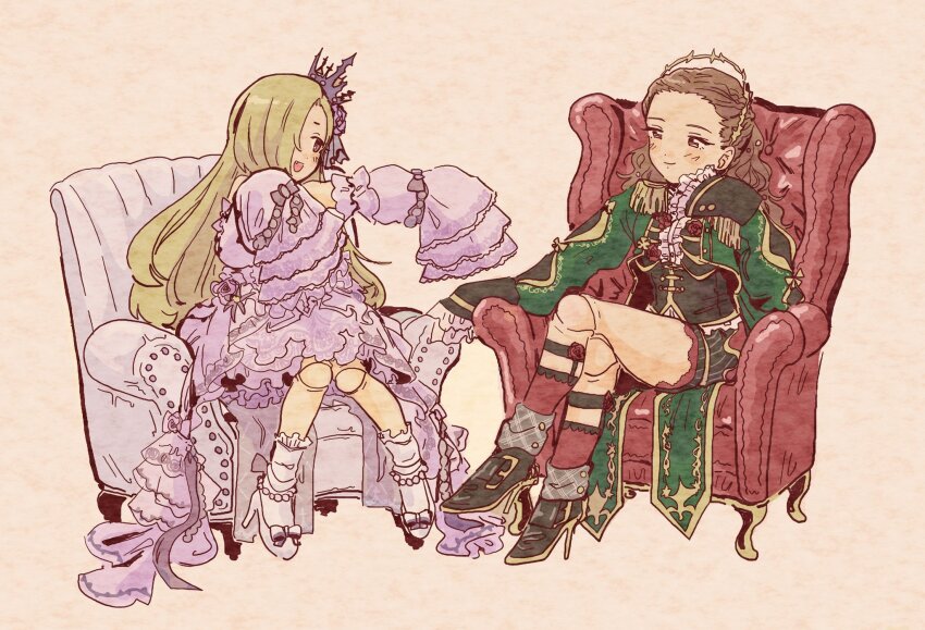 2girls alternate_costume arm_rest armchair black_footwear black_shorts black_vest blonde_hair blush_stickers brown_background brown_hair center_frills chair coat coattails commentary_request crossed_legs crown detached_sleeves doll_joints dress elbow_rest epaulettes fang forehead frilled_sleeves frills fringe_trim full_body gold_trim green_coat half_updo hand_up high_heels highres idolmaster idolmaster_cinderella_girls inichigaichi joints kneehighs knees_together_feet_apart lace lace-trimmed_skirt lace_trim legwear_garter long_hair looking_at_another mini_crown multiple_girls one_eye_covered outstretched_arm paper_texture pink_dress pink_skirt pink_sleeves pinstripe_shorts purple_eyes red_socks seki_hiromi shirasaka_koume short_shorts shorts simple_background sitting skirt sleeves_past_fingers sleeves_past_wrists smile socks tiara tilted_headwear vest wavy_hair white_footwear white_socks