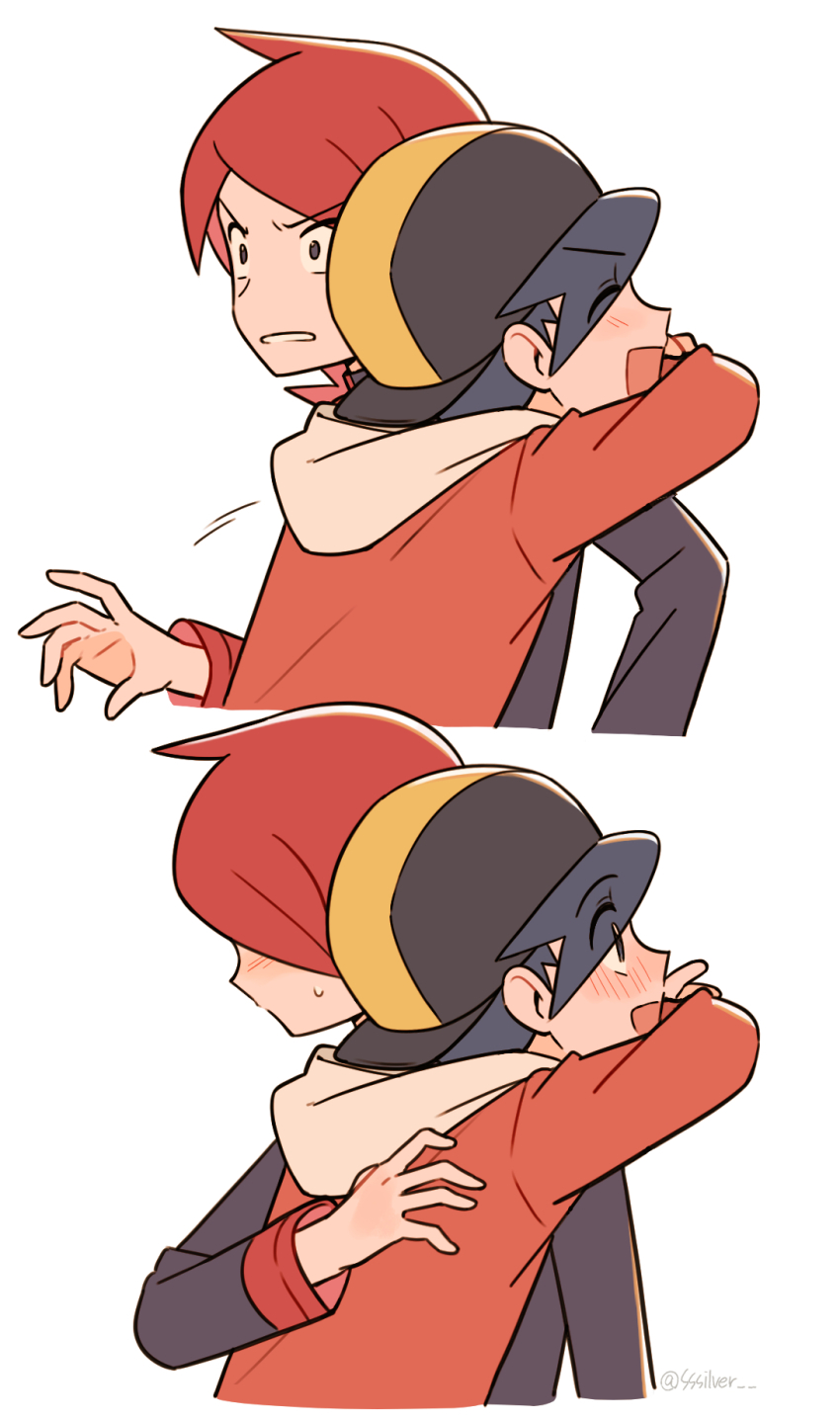 2boys ^_^ arms_around_neck backwards_hat baseball_cap black_hair black_shirt blush chueog closed_eyes commentary_request ethan_(pokemon) eyes_visible_through_hair grey_eyes hand_on_another&#039;s_back hat highres hood hood_down hover_hand hug jacket korean_commentary long_sleeves male_focus multiple_boys nintendo open_mouth parted_bangs pokemon pokemon_hgss red_hair red_jacket sequential shirt silver_(pokemon) sleeve_cuffs sweatdrop white_background wide-eyed