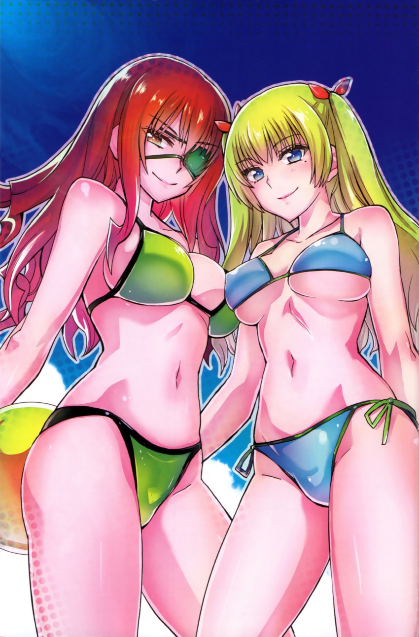 2girls absurdres asymmetrical_docking ball bare_shoulders beachball bikini blonde_hair blue_bikini blue_eyes blue_sky body_blush breast_press breasts breasts_apart christiane_friedrich day eyepatch from_below green_bikini halftone highres lips long_hair maji_de_watashi_ni_koi_shinasai! margit_eberbach mole multiple_girls navel red_eyes red_hair scan side-tie_bikini_bottom sky smile standing swimsuit tamon_ketsuyuki two_side_up underboob