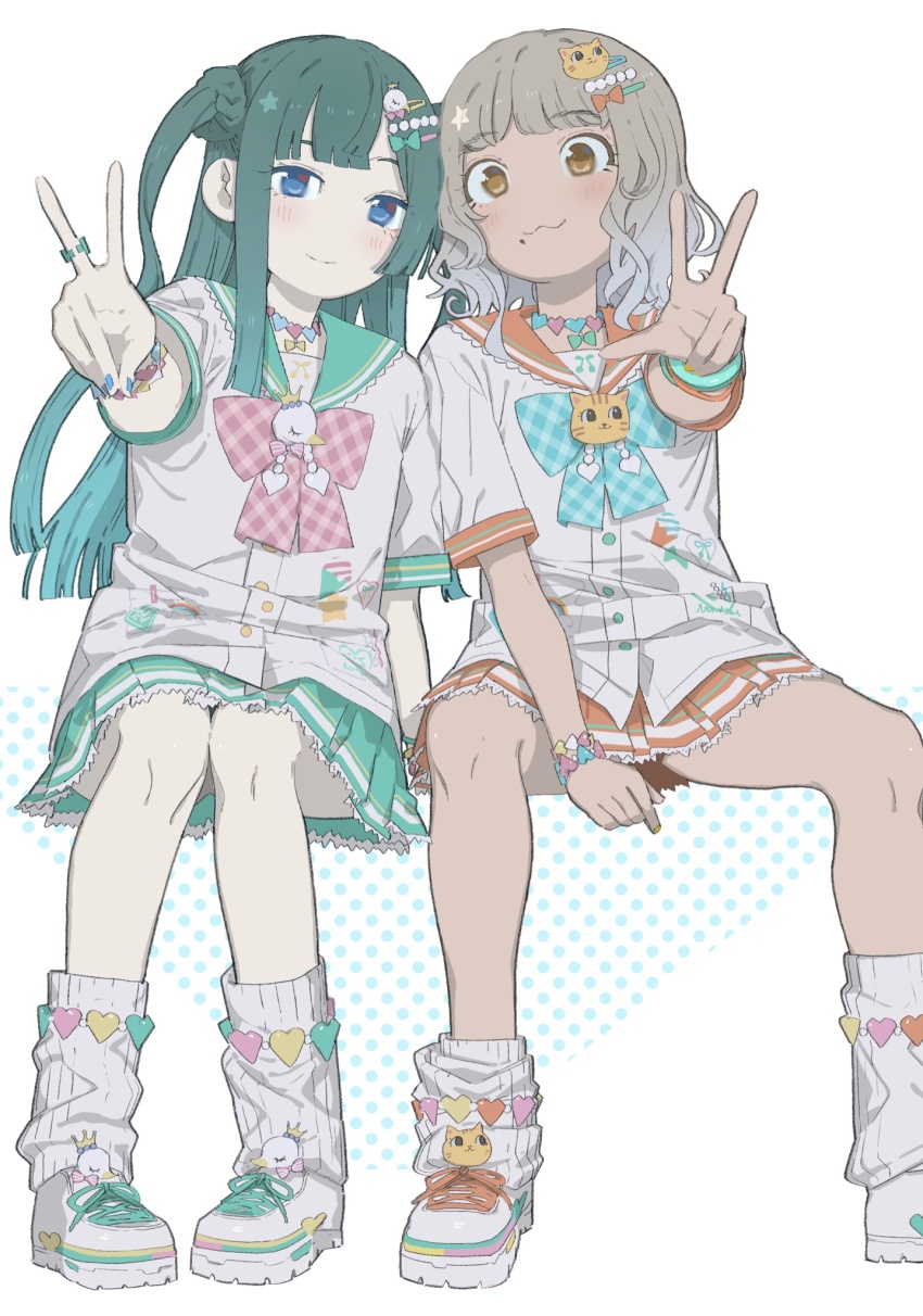 2girls :3 alternate_costume between_legs blue_bow blue_eyes blunt_bangs bow bracelet brown_eyes brown_hair cat_hair_ornament closed_mouth commentary_request curly_hair green_hair green_sailor_collar green_skirt hair_ornament hairclip hairpin hand_between_legs hand_up highres jewelry kemura_(puripurinea) long_hair looking_at_viewer loose_socks miniskirt mole mole_under_mouth multiple_girls necklace one_side_up orange_sailor_collar orange_skirt pink_bow pleated_skirt pretty_series pripara ring sailor_collar shirt shoes short_hair short_sleeves sitting skirt smile sneakers socks taiyo_pepper tsukikawa_chili two_side_up v white_background white_footwear white_shirt white_socks