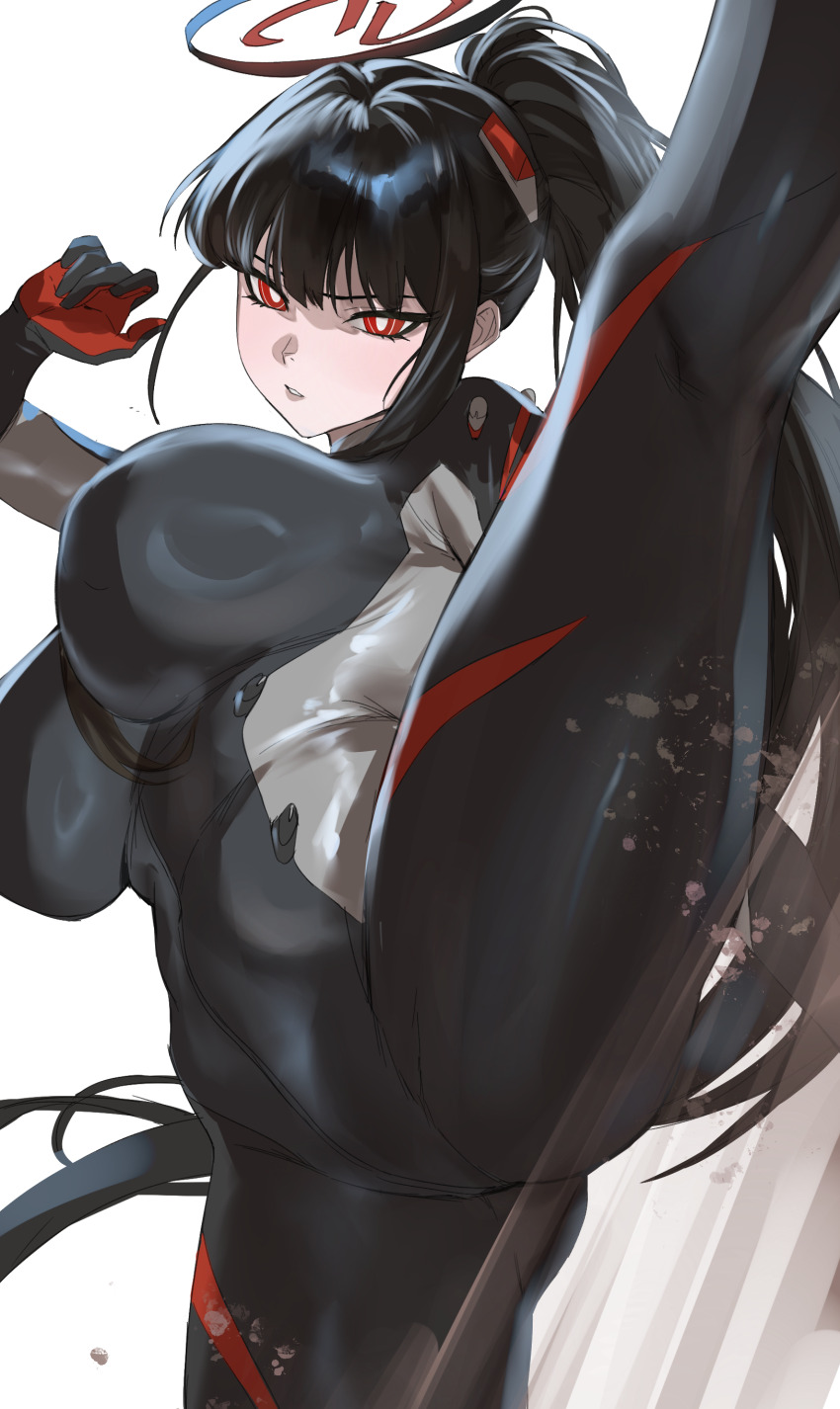 1girl absurdres black_bodysuit black_hair blue_archive bodysuit breasts hair_ornament halo high_kick high_ponytail highres kicking large_breasts leg_up long_hair looking_at_viewer parted_lips ponytail red_eyes rio_(blue_archive) rio_(bodysuit)_(blue_archive) sidelocks solo taiyang_yu thigh_strap thighs