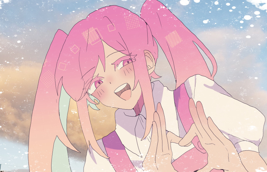 1girl absurdres bow dark-skinned_female dark_skin dress heart heart_hands highres long_hair looking_at_viewer omori open_mouth perfectheart_(omori) pink_eyes pink_hair puffy_short_sleeves puffy_sleeves shirt short_hair short_sleeves smile solo teeth twintails upper_teeth_only user_uzge5745 white_shirt