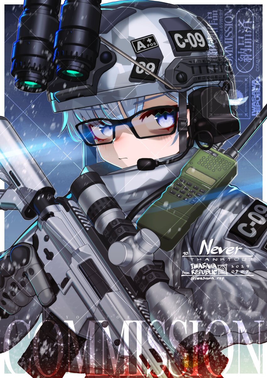 1girl absurdres ar-15 assault_rifle blood_type commission dated glasses gloves gun headset helmet highres holding holding_gun holding_weapon iwasawayuki military_combat_uniform military_uniform night_vision_device original purple_eyes rail_(weapon) rifle scope solo tagme trigger_discipline twitter_username walkie-talkie weapon white_hair