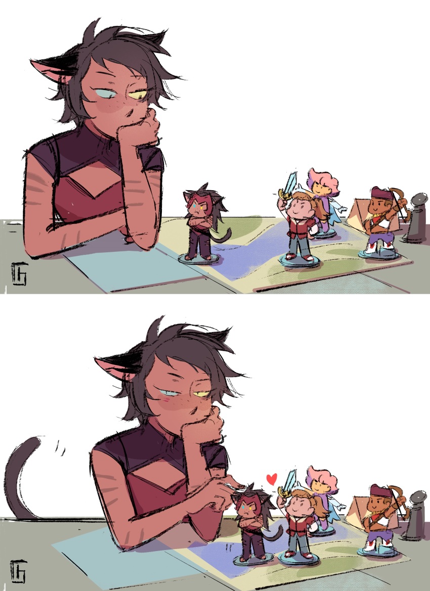 1girl absurdres adora_(she-ra) adora_(she-ra)_(princesses_of_power) animal_ears black_hair bow_(princesses_of_power) bow_(she-ra) cat_ears cat_girl cat_tail catra catra_(princesses_of_power) figure freckles glimmer_(she-ra) glimmer_(she-ra)_(princesses_of_power) gohak heterochromia highres masters_of_the_universe she-ra_and_the_princesses_of_power short_hair table tail toy
