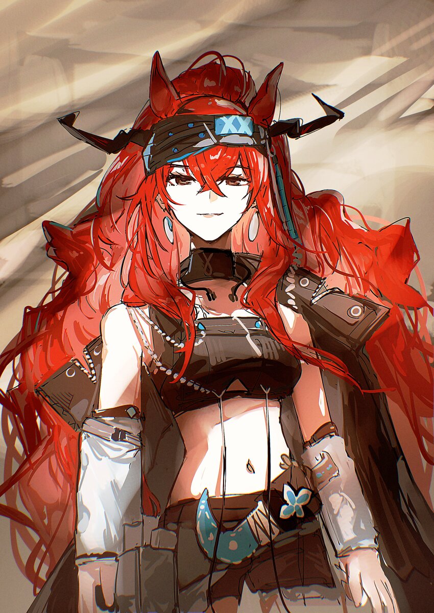 1girl absurdres animal_ears arknights arms_at_sides bare_shoulders black_collar black_headband black_shorts black_sports_bra collar cowboy_shot detached_collar detached_sleeves earrings grin hair_between_eyes headband highres horse_ears jewelry long_hair long_sidelocks looking_at_viewer midriff narantuya_(arknights) navel red_eyes red_hair shorts sidelocks smile solo sports_bra standing sudadachi very_long_hair