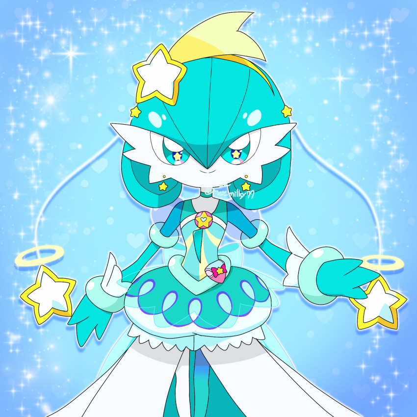 1girl alternate_color alternate_shiny_pokemon blue_background blue_choker blue_dress blue_eyes blue_gloves blue_hair blue_skin blue_theme blue_thighhighs bob_cut choker closed_mouth clothed_pokemon colored_skin cosplay cure_milky cure_milky_(cosplay) dress earrings elbow_gloves female_focus flat_chest gardevoir gen_3_pokemon gloves hair_between_eyes hair_ornament hairband hand_up happy highres jewelry magical_girl matching_hair/eyes meru_(mer_milky77) multicolored_skin nintendo pokemon pokemon_(creature) pouch precure shooting_star_hair_ornament short_dress short_hair single_thighhigh sleeveless sleeveless_dress smile solo sparkle split_mouth standing star_(symbol) star_earrings star_hair_ornament star_in_eye star_twinkle_precure straight-on symbol_in_eye thighhighs two-tone_skin white_skin yellow_hairband