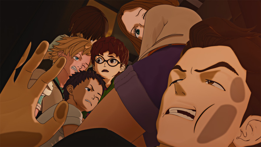 2girls 4boys against_fourth_wall blonde_hair blue_eyes brown_eyes brown_hair douglas_ken_osborn engi_(animation_studio) gamera_(series) gamera_-rebirth- glasses green_eyes ichihara_jun james_joshua_tazaki kadokawa matsuda_satoru melchiorri_emiko multiple_boys multiple_girls sitting sitting_on_head sitting_on_person tomboy wada_hiroki