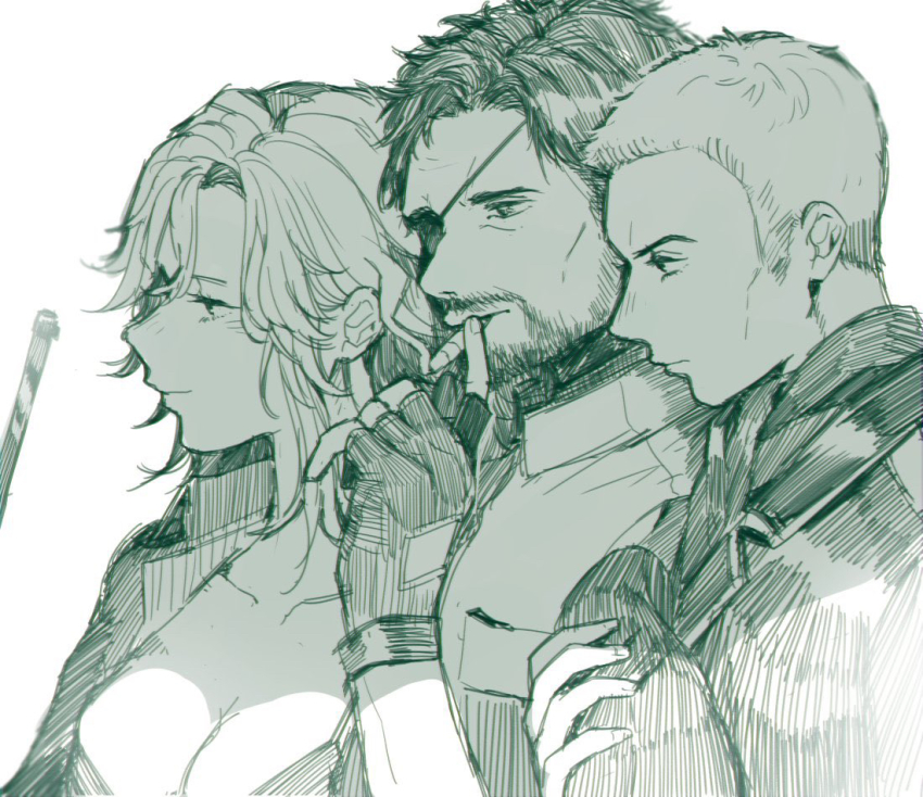 1girl 2boys artist_request big_boss breasts cigar cleavage eva_(metal_gear) eyepatch facial_hair fingerless_gloves gloves metal_gear_(series) metal_gear_solid_3:_snake_eater multiple_boys revolver_ocelot