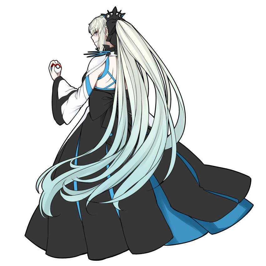 1girl black_bow black_dress blue_eyes bow braid dress fate/grand_order fate_(series) hair_between_eyes hair_bow half_up_braid highres long_hair looking_at_viewer morgan_le_fay_(fate) morgan_le_fay_(third_ascension)_(fate) ponytail sanmoto_gorouzaemon solo spikes tiara very_long_hair