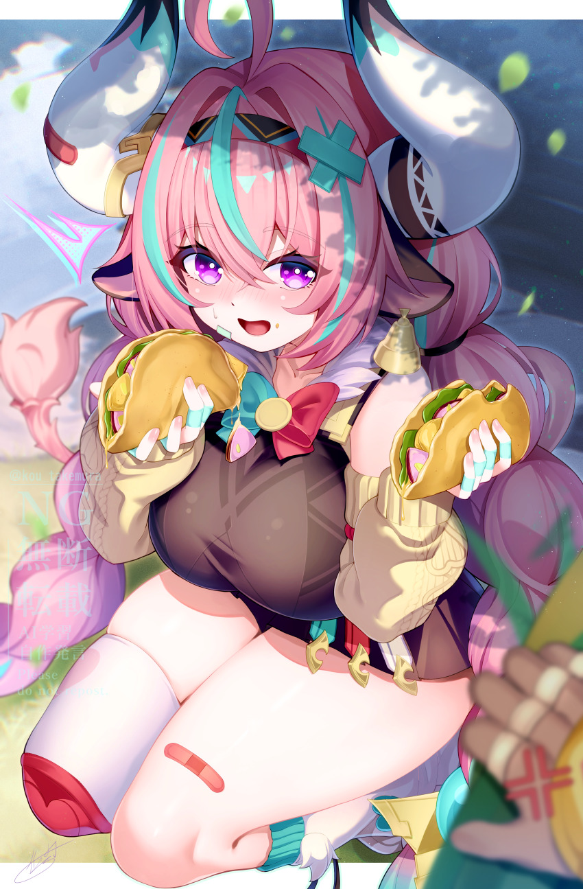 1girl 1other absurdres ahoge anger_vein animal_ears bandaid bandaid_on_leg black_hairband black_shirt blush border breasts commentary_request cow_ears cow_girl cow_horns cow_tail dual_wielding embarrassed food from_above genshin_impact hair_between_eyes hair_intakes hair_ornament hairband highres holding holding_food horns jewelry large_breasts looking_at_viewer multicolored_hair multiple_rings open_mouth pink_hair pink_tail pov pov_hands purple_eyes ring shirt signature single_shin_guard single_thighhigh sitting skindentation smile solo streaked_hair taco tail takemura_kou thick_thighs thighhighs thighs varesa_(genshin_impact) white_border white_horns white_thighhighs x_hair_ornament