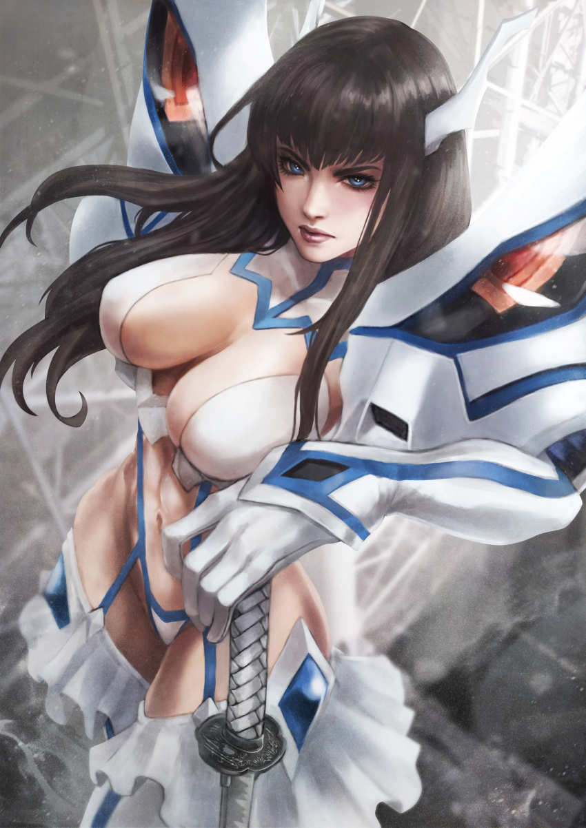 1girl absurdres bakuzan black_hair blue_eyes breasts commentary english_commentary highres junketsu kamui_(kill_la_kill) kill_la_kill kiryuuin_satsuki large_breasts life_fiber living_clothes long_hair monori_rogue revealing_clothes solo suspenders sword thick_eyebrows weapon