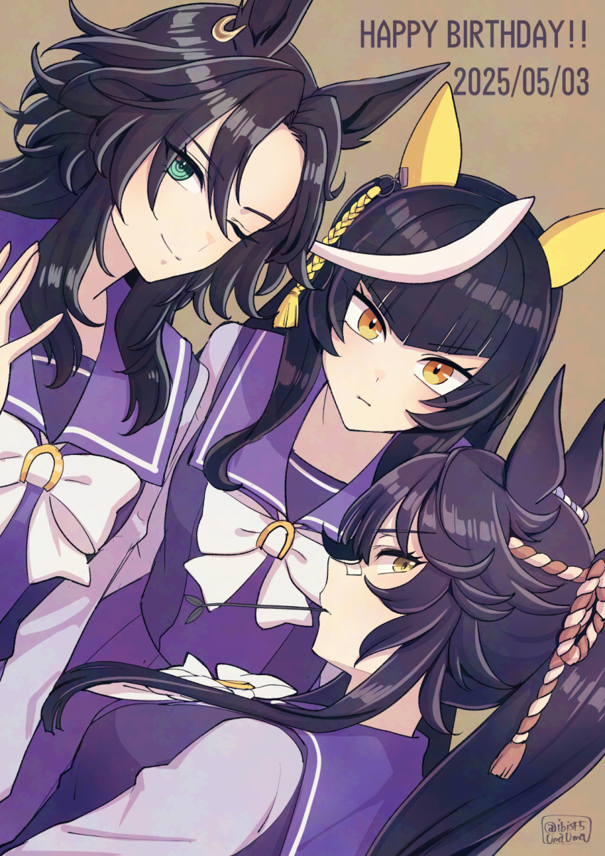 3girls adversarial_noise animal_ears bandaid bandaid_on_face bandaid_on_nose black_hair bow bowtie breasts brown_background calstone_light_o_(umamusume) closed_mouth ear_covers earrings expressionless green_eyes happy_birthday hi_(ibisf5umauma) highres horse_ears jewelry long_hair long_sleeves looking_at_viewer mouth_hold multicolored_hair multiple_girls narita_brian_(umamusume) one_eye_closed ponytail purple_shirt purple_skirt ringed_eyes rope sailor_collar school_uniform shimenawa shirt sideways_glance single_earring skirt small_breasts smile speed_symboli_(umamusume) stalk_in_mouth streaked_hair tracen_school_uniform twitter_username umamusume upper_body yellow_eyes