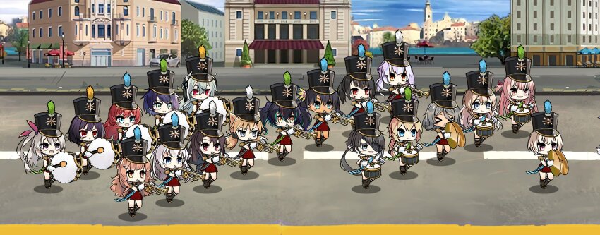 &gt;_&lt; absurdres animal_ears bass_drum black_hair blonde_hair blue_eyes blue_hair braid braided_ponytail car_(girls&#039;_frontline) cat_ears chibi cymbals drum drumsticks girls&#039;_frontline grey_eyes grey_hair hair_ornament hair_ribbon hat highres hsm10_(girls&#039;_frontline) idw_(girls&#039;_frontline) instrument k3_(girls&#039;_frontline) long_hair ltlx_7000_(girls&#039;_frontline) m12_(girls&#039;_frontline) m6_asw_(girls&#039;_frontline) marching marching_band mg3_(girls&#039;_frontline) mt-9_(girls&#039;_frontline) multicolored_hair orange_eyes orange_hair ots-39_(girls&#039;_frontline) pink_eyes pink_hair plume ponytail purple_eyes purple_hair red_eyes red_hair ribbon rpd_(girls&#039;_frontline) saf_(girls&#039;_frontline) sash shako_cap short_hair snare_drum spectre_m4_(girls&#039;_frontline) t77_(girls&#039;_frontline) tan the_mad_mimic trumpet two-tone_hair type_62_(girls&#039;_frontline) type_64_(girls&#039;_frontline) ukm-2000_(girls&#039;_frontline) usas-12_(girls&#039;_frontline) vp1915_(girls&#039;_frontline) yellow_eyes