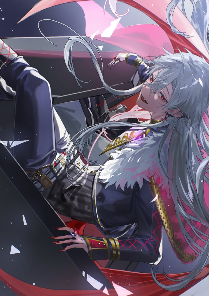 1boy alternate_hair_length alternate_hairstyle black_pants black_shirt blue_jacket buttons fangs fingernails grey_hair highres jacket kuzuha_(nijisanji) long_hair looking_at_viewer male_focus miroku_(butuzo33) nijisanji pants pointy_ears red_eyes red_nails shirt sitting smile solo striped_clothes striped_shirt vertical-striped_clothes vertical-striped_shirt virtual_youtuber