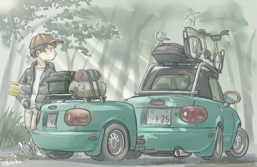 1boy baseball_cap bicycle bird black_jacket brown_headwear car eunos_roadster exhaust_pipe grass green_car hat hiking holding jacket license_plate looking_to_the_side mazda mazda_mx-5 mazda_mx-5_na motor_vehicle on_ground original rabienu shirt shoes signature simple_background sneakers sunlight trailer tree vehicle_focus walking white_shirt white_sneakers