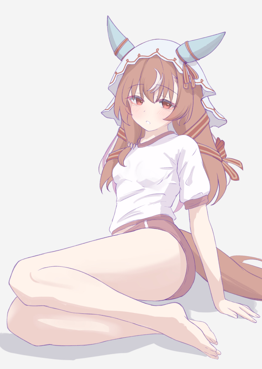 1girl alternate_costume bare_legs barefoot blush breasts brown_hair buruma closed_mouth collarbone commentary_request full_body hair_between_eyes hair_ornament highres horse_girl looking_at_viewer red_eyes small_breasts solo still_in_love_(umamusume) tofu_thunder umamusume veil white_background