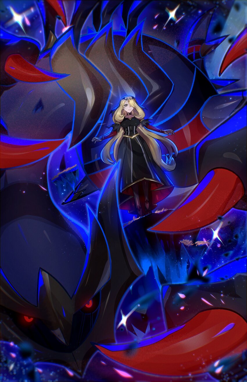 1girl absurdres black_choker black_dress blonde_hair breasts choker closed_mouth cynthia_(pokemon) cynthia_(sygna_suit)_(renegade)_(pokemon) dress eyelashes gen_4_pokemon giratina giratina_(altered) hair_ornament hair_over_one_eye hand_up highres legendary_pokemon long_hair long_sleeves looking_at_viewer nintendo official_alternate_costume pokemon pokemon_(creature) pokemon_masters_ex ryairyai tiara very_long_hair