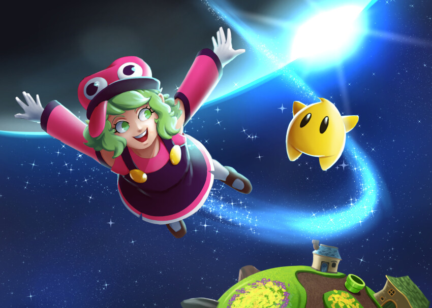 1girl black_overalls black_shoes commentary commission cosplay crossover flying full_body gloves green_eyes green_hair hat highres komeiji_koishi long_sleeves looking_at_another luma_(mario) mario mario_(cosplay) mario_(series) nintendo outdoors overalls planet red_hat shoes short_hair space spookoarts star_(sky) super_mario_galaxy touhou white_gloves