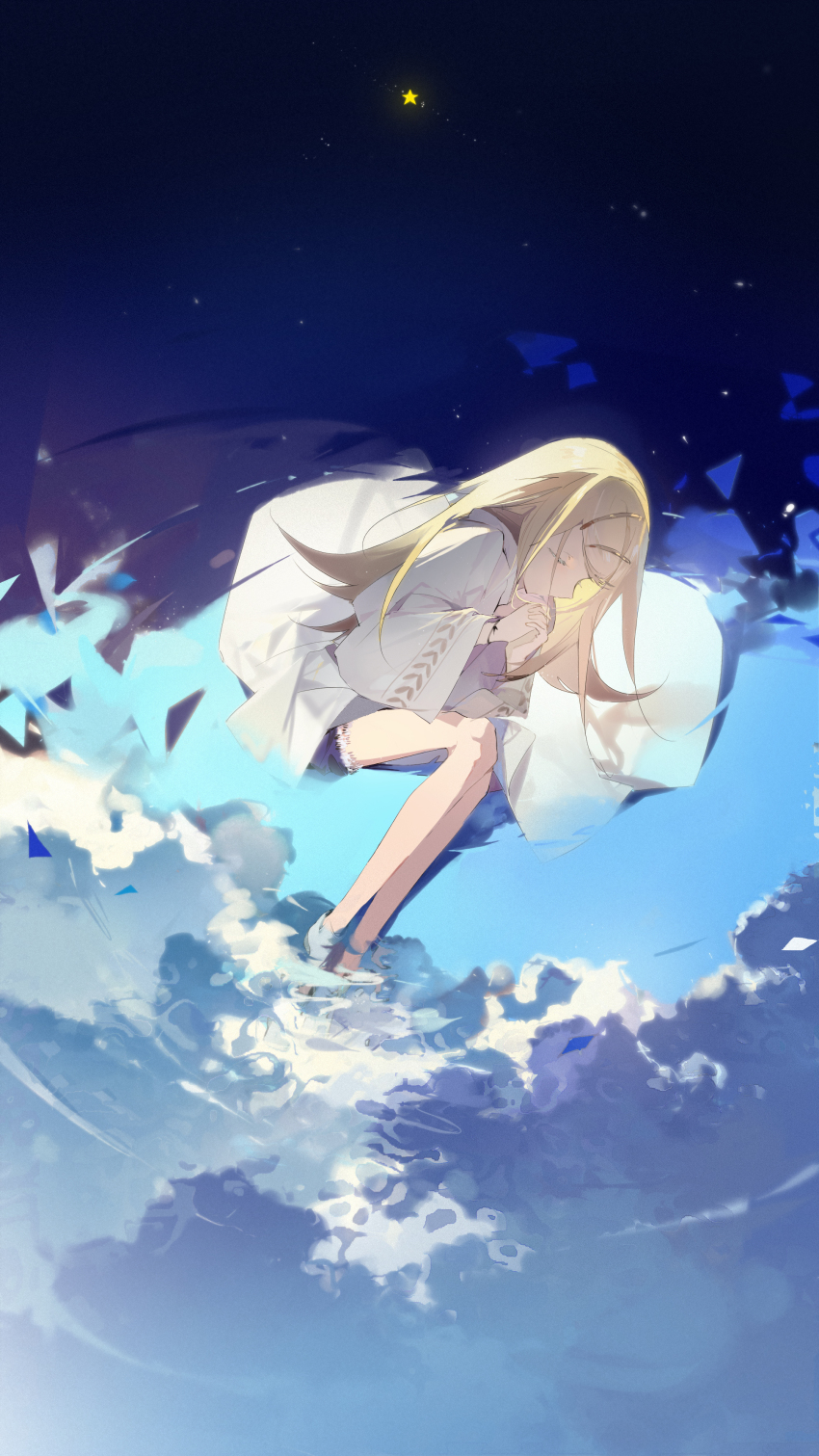 1girl absurdres blonde_hair bracelet closed_eyes denim denim_shorts fetal_position full_body gakuen_idolmaster hair_ornament hairclip hako_(misheyes) highres idolmaster jacket jewelry long_hair night own_hands_together shinosawa_hiro shorts skinny sky solo star_(sky) starry_sky
