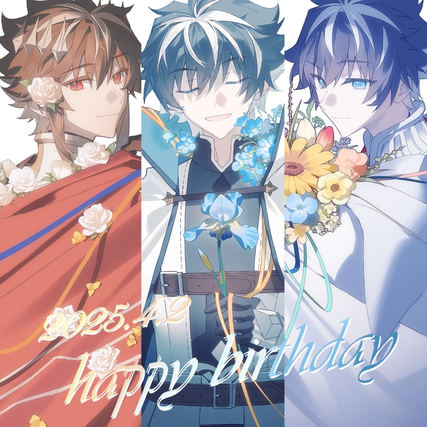 3boys armor black_gloves black_hair blue_eyes cape charlemagne_(fate) charlemagne_(first_ascension)_(fate) charlemagne_(second_ascension)_(fate) charlemagne_(third_ascension)_(fate) closed_eyes crown dated fate/grand_order fate_(series) flower gloves hair_between_eyes hair_flower hair_ornament happy_birthday highres holding holding_flower idass_(idass16) looking_at_viewer male_focus multicolored_hair multiple_boys red_eyes shirt short_hair simple_background smile split_screen streaked_hair two-tone_hair upper_body white_background white_hair white_shirt