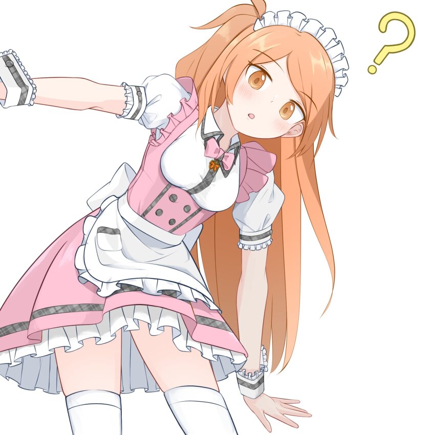 1girl ? apron blush bow bowtie breasts buttons collar cowboy_shot dot_nose dress frilled_apron frilled_dress frills from_below highres idolmaster idolmaster_million_live! idolmaster_million_live!_theater_days leaning_forward long_hair looking_at_viewer maid_headdress official_alternate_costume ogami_tamaki orange_eyes orange_hair outstretched_arms parted_bangs parted_lips pink_bow pink_bowtie pink_dress plaid_trim pocket pretty_waitress_(idolmaster) puffy_short_sleeves puffy_sleeves short_sleeves side_ponytail simple_background small_breasts solo thighhighs very_long_hair waist_apron waitress white_apron white_background white_collar white_thighhighs wrist_cuffs zenkaku_hanbun zettai_ryouiki