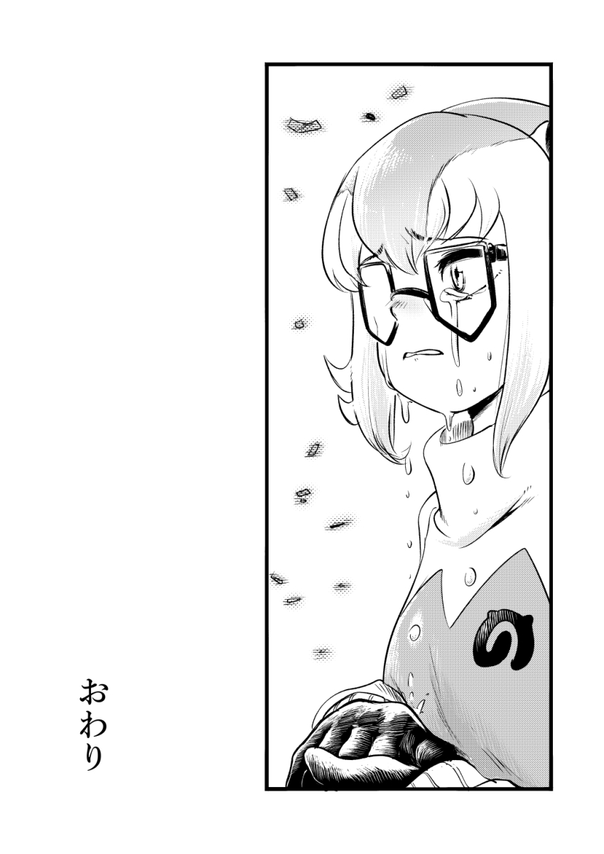 1girl animal_ears blush crying crying_with_eyes_open glasses highres implied_yuri japari_symbol kemono_friends kemono_friends_3 long_sleeves mcgunngu meerkat_(kemono_friends) meerkat_ears multicolored_hair sad short_hair solo streaming_tears sweater tears translated two-tone_hair two-tone_sweater
