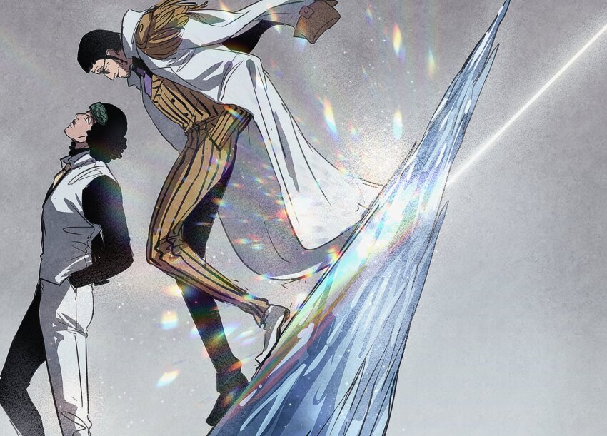 2boys 6cheetah afro black_hair borsalino_(kizaru) cryokinesis duel facial_hair frost hands_in_pockets highres kuzan_(aokiji) light_rays long_nose long_sideburns male_focus marine_uniform_(one_piece) mature_male multiple_boys mustache_stubble one_piece photokinesis profile short_hair sideburns sleep_mask sparse_stubble standing stubble sunbeam sunglasses sunlight