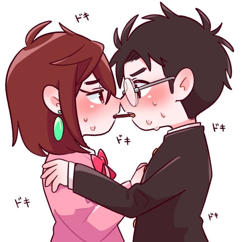 1boy 1girl ayase_momo black_hair blush brown_hair couple dandadan earrings food food_in_mouth glasses highres incoming_pocky_kiss jewelry nukotamag0 pink_sweater pocky pocky_day pocky_in_mouth round_eyewear sweater takakura_ken_(dandadan)