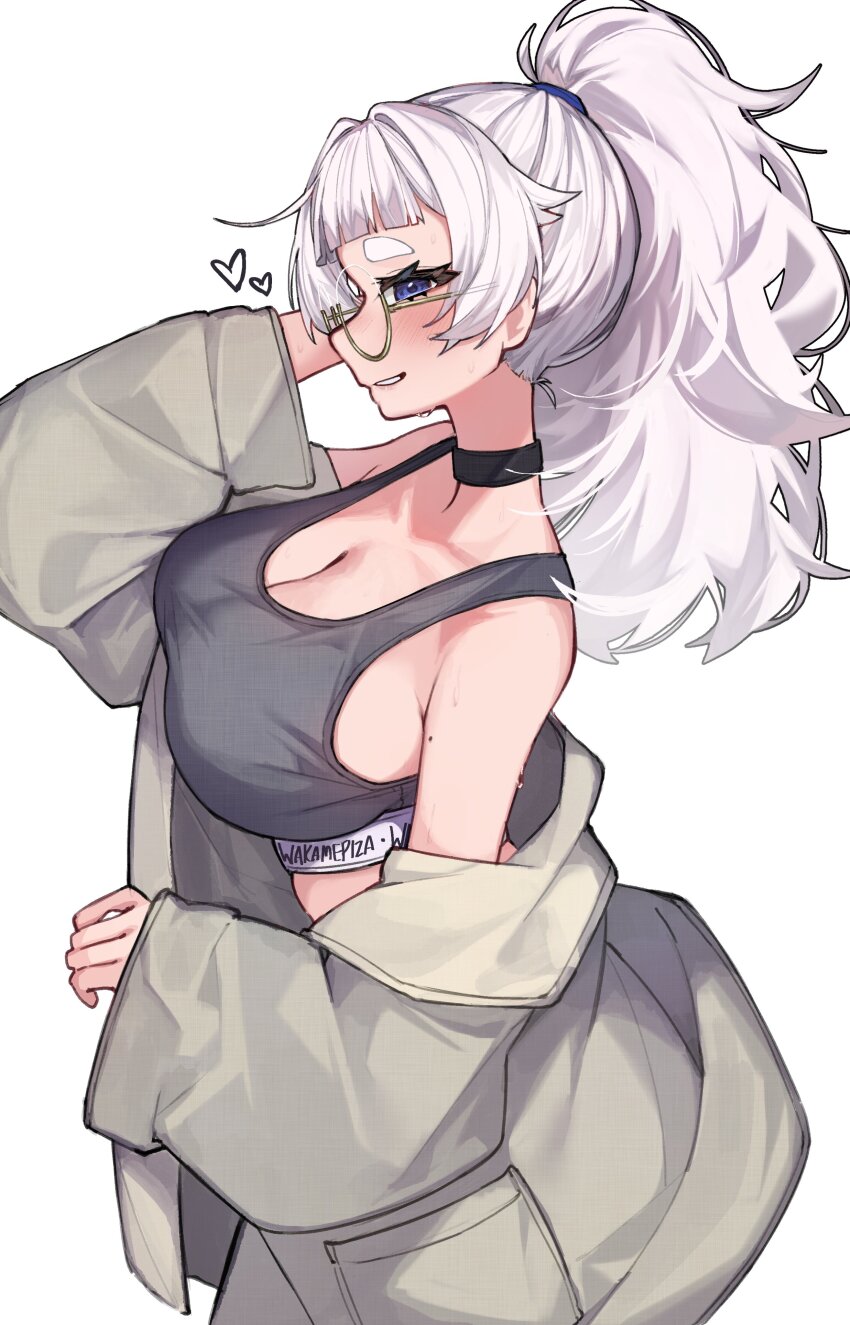 1girl absurdres auraaa bare_shoulders black_choker blue_eyes blunt_bangs blush borrowed_character breasts choker cleavage collarbone cowboy_shot from_side glasses grin highres large_breasts long_hair looking_at_viewer meg_(wakamepiza) mole mole_on_arm open_clothes original ponytail presenting_bra profile purple_eyes round_eyewear short_bangs sideboob sideways_glance simple_background smile solo sports_bra sweat thick_eyebrows thick_eyelashes white_background white_hair yellow-framed_eyewear