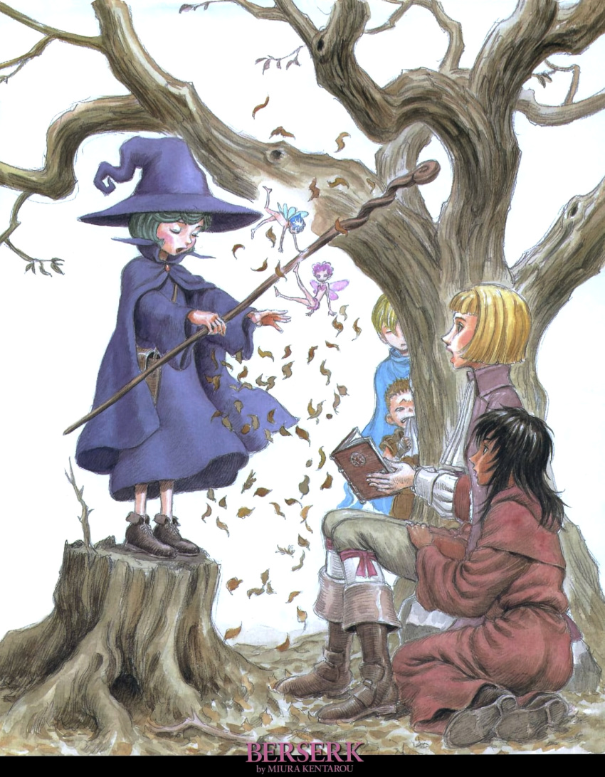 3girls 4boys bare_tree berserk casca_(berserk) evarella_(berserk) fairy farnese_(berserk) hat highres ishidro leaf long_sleeves magic miura_kentarou multiple_boys multiple_girls official_art outdoors puck_(berserk) scan schierke_(berserk) serpico_(berserk) staff tree tree_stump under_tree witch witch_hat