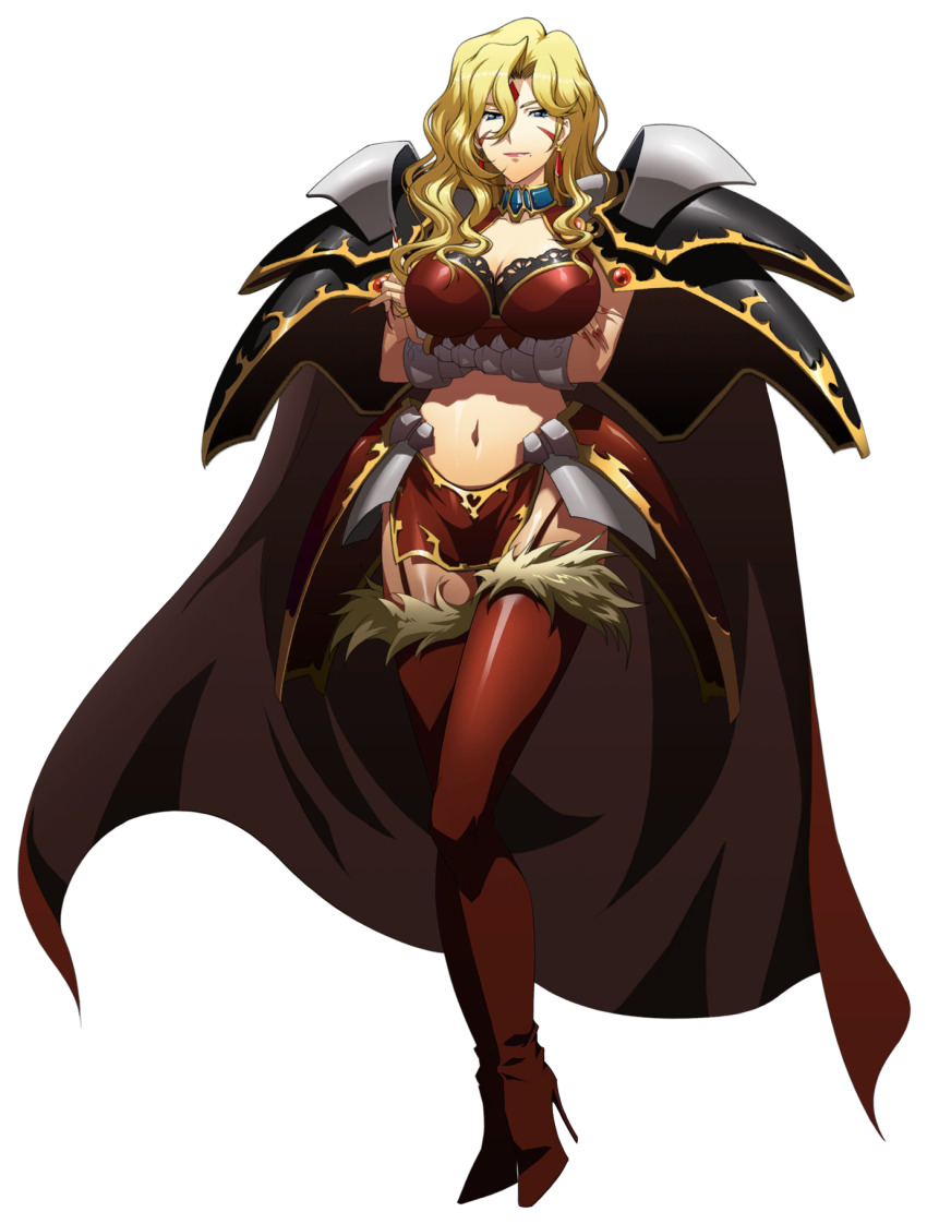 1girl armor blonde_hair blue_eyes boobplate breastplate breasts brown_cape cape cleavage closed_mouth crossed_arms curly_hair facial_mark faulds full_body fur-trimmed_legwear fur_trim garter_straps hair_intakes high_heels highleg highleg_panties highres imelda_(langrisser) langrisser langrisser_ii large_breasts long_hair looking_at_viewer mole mole_under_mouth nail_polish official_art panties red_legwear red_nails red_panties shiny_skin shoulder_armor solo standing transparent_background underwear