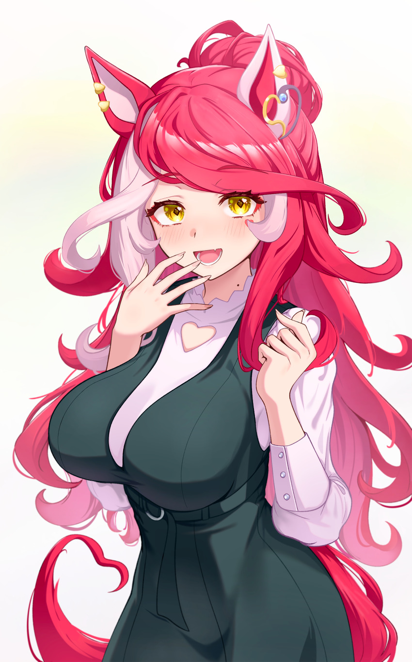 1girl 1m5papa absurdres animal_ears blush breasts casual commentary_request hair_between_eyes hair_ornament highres horse_ears horse_girl horse_tail large_breasts long_hair loves_only_you_(umamusume) mole mole_on_neck mole_under_eye open_mouth red_hair simple_background solo tail umamusume white_background yellow_eyes