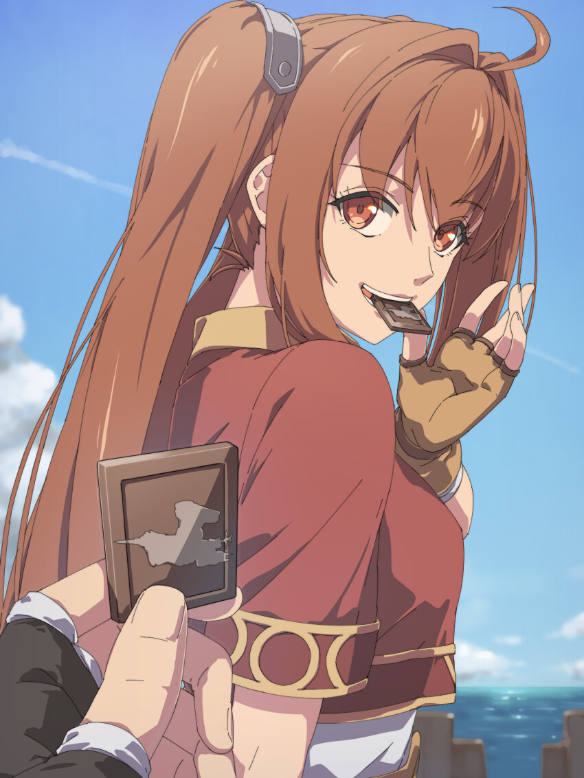 1girl ahoge antenna_hair blue_sky brown_hair chiharu_(9654784) chocolate cloud cropped_jacket double-parted_bangs eiyuu_densetsu estelle_bright fingerless_gloves food food_in_mouth gloves hair_between_eyes highres holding holding_food long_hair looking_at_viewer ocean outdoors pov pov_hands red_eyes short_sleeves sky smile sora_no_kiseki twintails