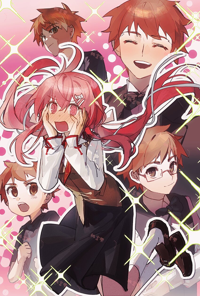 1girl artist_request black_skirt blush bow braid breasts brown_vest collared_shirt colored_skin emiya_shirou emiya_shirou_(prisma_illya) fate/kaleid_liner_prisma_illya fate/stay_night fate_(series) hair_ribbon halo highres homurabara_academy_school_uniform long_hair momomiya_shizuku_(gaoyue_jixiang) multicolored_skin neck_ribbon oc_x_canon open_mouth original pink_eyes pink_hair pink_halo pleated_skirt print_ribbon red_hair red_ribbon ribbon school_uniform second-party_source shirt skirt smile twintails two-tone_skin two_side_up vest white_shirt