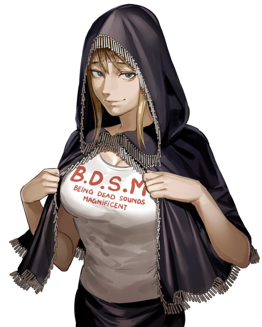 1girl absurdres alternate_costume black_capelet black_skirt blonde_hair blue_eyes breasts capelet cleavage closed_mouth contemporary elden_ring english_text fia_the_deathbed_companion hanny_(uirusu_chan) highres hood hood_up hooded_capelet long_hair looking_at_viewer medium_breasts shirt simple_background skirt sleeveless sleeveless_shirt smile solo white_background white_shirt