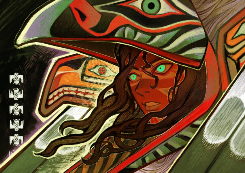 1boy bird_mask black_background brown_hair facepaint green_eyes highres japanese_commentary long_hair looking_to_the_side male_focus mask native_american original parted_lips portrait solo thunderbird_(mythology) wind zapooo_2