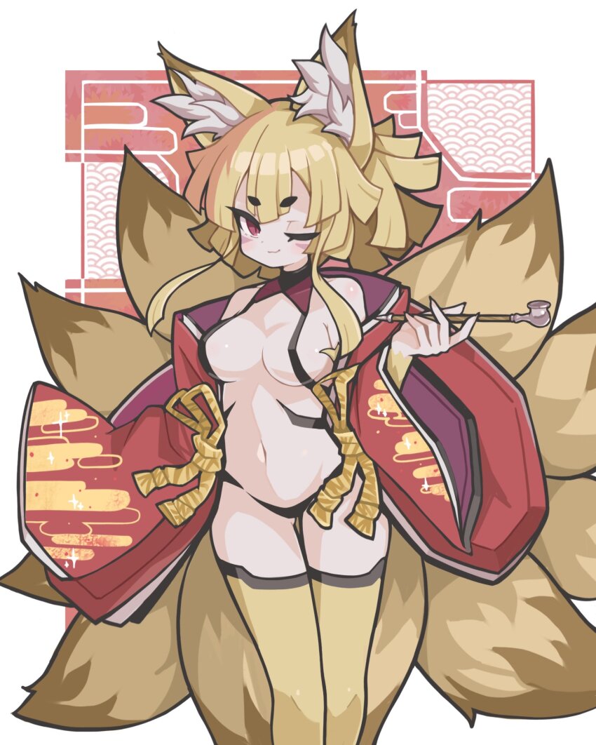 1girl ;3 animal_ear_fluff animal_ears blonde_hair breasts cleavage closed_mouth commentary disgaea feet_out_of_frame fox_ears fox_girl fox_tail highres holding holding_smoking_pipe japanese_clothes kimono kitsune kyuubi long_sleeves looking_at_viewer medium_breasts multiple_tails navel nine-tailed_fox_(disgaea) one_eye_closed open_clothes open_kimono red_background red_eyes red_kimono short_hair smile smoking_pipe solo standing suaman tail thick_eyebrows thighhighs wide_sleeves yellow_thighhighs