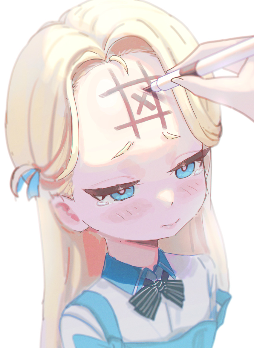 1girl apron artist_name black_bow black_bowtie blonde_hair blue_apron blue_archive blue_eyes blurry blush bow bowtie closed_mouth collared_shirt drawing_on_another&#039;s_face forehead forehead_writing from_above half-closed_eyes highres holding holding_marker long_hair marker parted_bangs polo_shirt samlooop shirt simple_background sora_(blue_archive) tearing_up tears tic-tac-toe upper_body white_background white_shirt