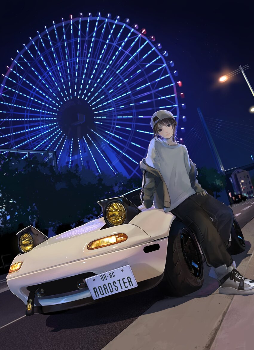 1girl backwards_hat baseball_cap black_pants brown_hair car city commentary_request dutch_angle eunos_roadster ferris_wheel grey_eyes grey_hat grey_jacket grey_sweater hat highres jacket jacket_partially_removed lamppost license_plate long_sleeves looking_at_viewer masa_(siriusu-koko) mazda mazda_mx-5 mazda_mx-5_na motor_vehicle night night_sky on_car on_vehicle original outdoors pants pop-up_headlights road second-party_source shoes sitting sitting_on_car sky sneakers solo sweater white_car white_shoes