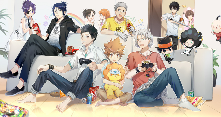 bandaged_hand bandages bird black_hair brown_hair can chips_(food) chrome_dokuro controller couch doorway drink_can ekita_kuro eyepatch food game_controller gokudera_hayato green_eyes grey_hair hat hibari_kyouya highres i-pin jewelry katekyo_hitman_reborn! lambo miura_haru necklace necktie open_mouth orange_hair purple_hair reborn rokudou_mukuro sasagawa_kyouko sasagawa_ryohei sawada_tsunayoshi shirt shoes short_hair socks soda_can t-shirt tonfa weapon yamamoto_takeshi