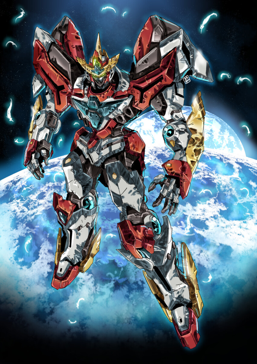 absurdres bravern earth_(planet) feathers garimpeiro glowing glowing_eyes green_eyes highres mecha mecha_focus no_humans open_hands planet robot science_fiction space yuuki_bakuhatsu_bang_bravern