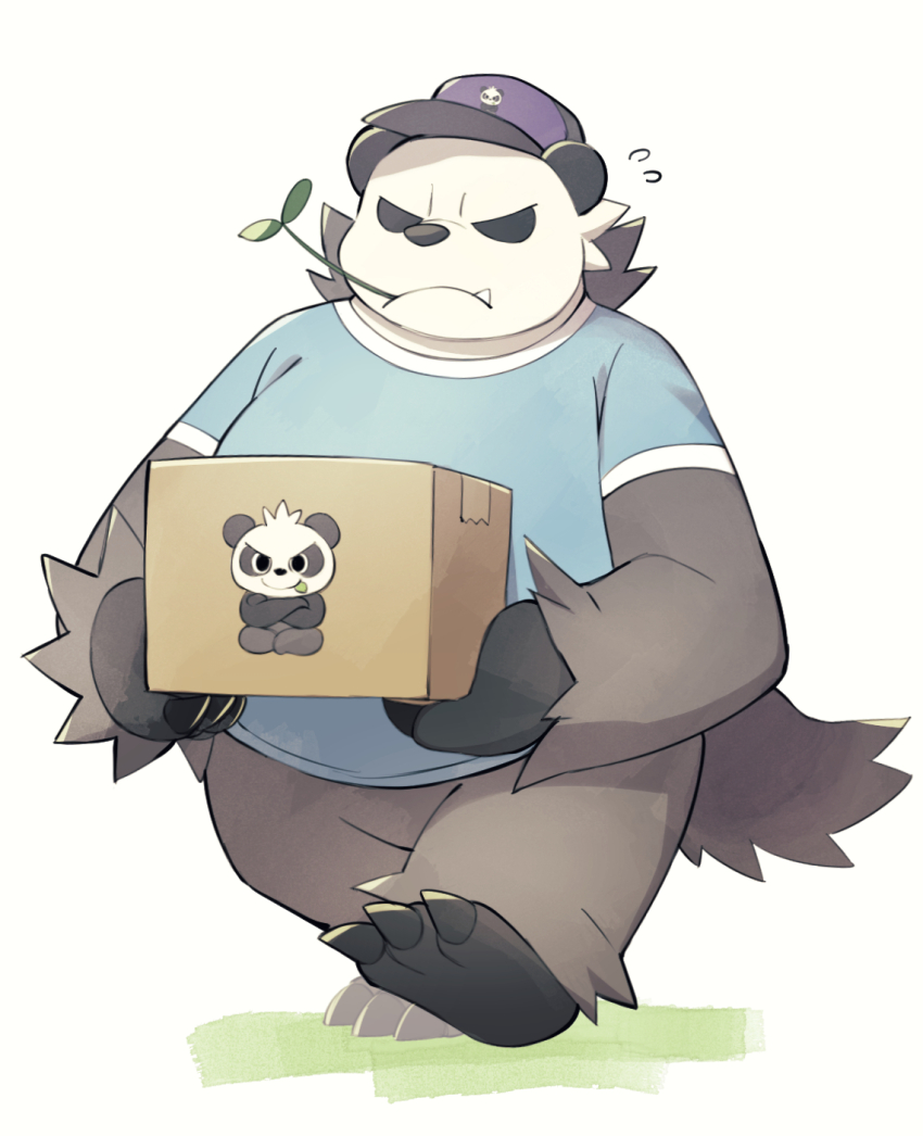 1other animal_ears barefoot black_fur blue_shirt box carrying claws commentary_request crossed_arms fang flying_sweatdrops gen_6_pokemon hat highres holding holding_box indian_style kinoshita_jiroh leaf_in_mouth mouth_hold multicolored_fur nintendo pancham panda panda_ears pangoro pokemon shirt sitting stalk_in_mouth white_background white_fur