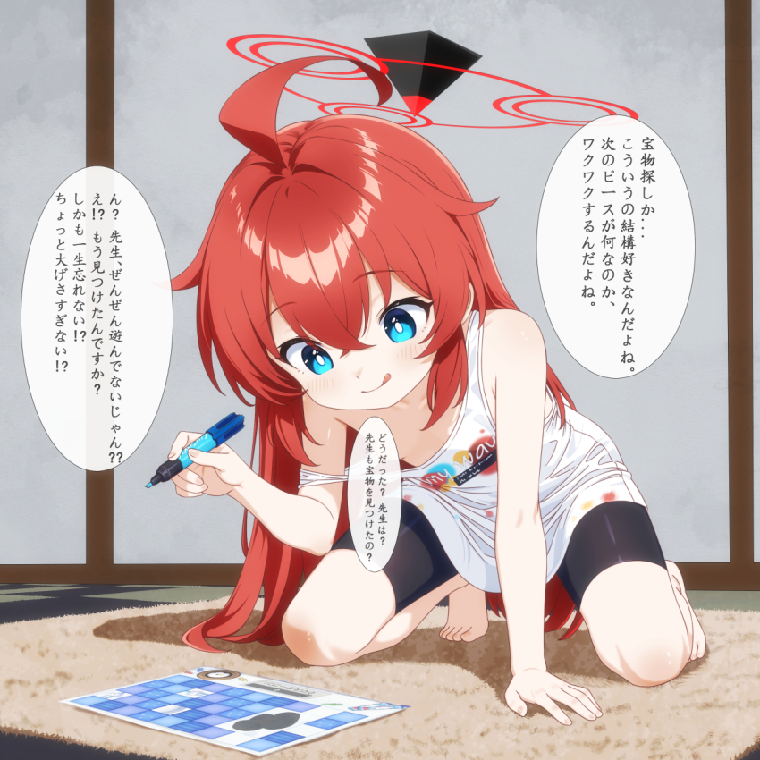 1girl :q barefoot bike_shorts black_shorts blue_archive blue_eyes blush breasts bright_pupils closed_mouth commentary_request crossed_bangs full_body halo highres holding holding_marker indoors long_hair maki_(blue_archive) maki_(pajamas)_(blue_archive) marker mutsuse official_alternate_costume paid_reward_available red_hair red_halo shorts small_breasts solo speech_bubble speech_bubble_censor tank_top tongue tongue_out translation_request very_long_hair white_pupils white_tank_top