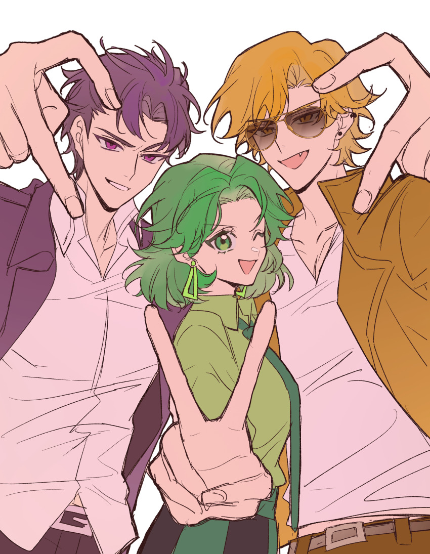 16personalities 1girl 2boys absurdres blonde_hair campaigner_(16personalities) collared_shirt debater_(16personalities) earrings entrepeneur_(16personalities) fang green_eyes green_hair heart heart_hands heart_hands_trio highres jacket jewelry medium_hair multiple_boys one_eye_closed open_mouth parted_bangs purple_eyes purple_hair purple_jacket shirt smile sunglasses white_shirt xi_yuu yellow_eyes yellow_jacket