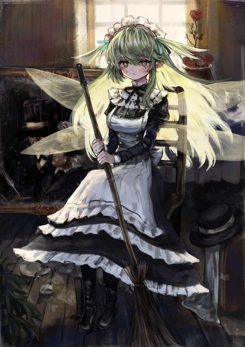 1girl absurdres apron black_bow black_bowtie black_dress black_hat black_souls bow bowtie breasts bright_pupils broken_plate broom closed_mouth dress fairy_wings flower flower_pot full_body green_eyes green_hair green_ribbon green_wings hair_between_eyes hair_ribbon hat highres holding holding_broom indoors juliet_sleeves leaf_(black_souls) light_smile long_hair long_sleeves looking_at_viewer maid_apron maid_headdress medium_breasts on_chair plate pointy_ears puffy_sleeves red_flower red_rose ribbon ropeperson rose sitting solo two_side_up unworn_hat unworn_headwear waist_apron white_apron white_headdress white_pupils window wings wooden_chair wooden_floor